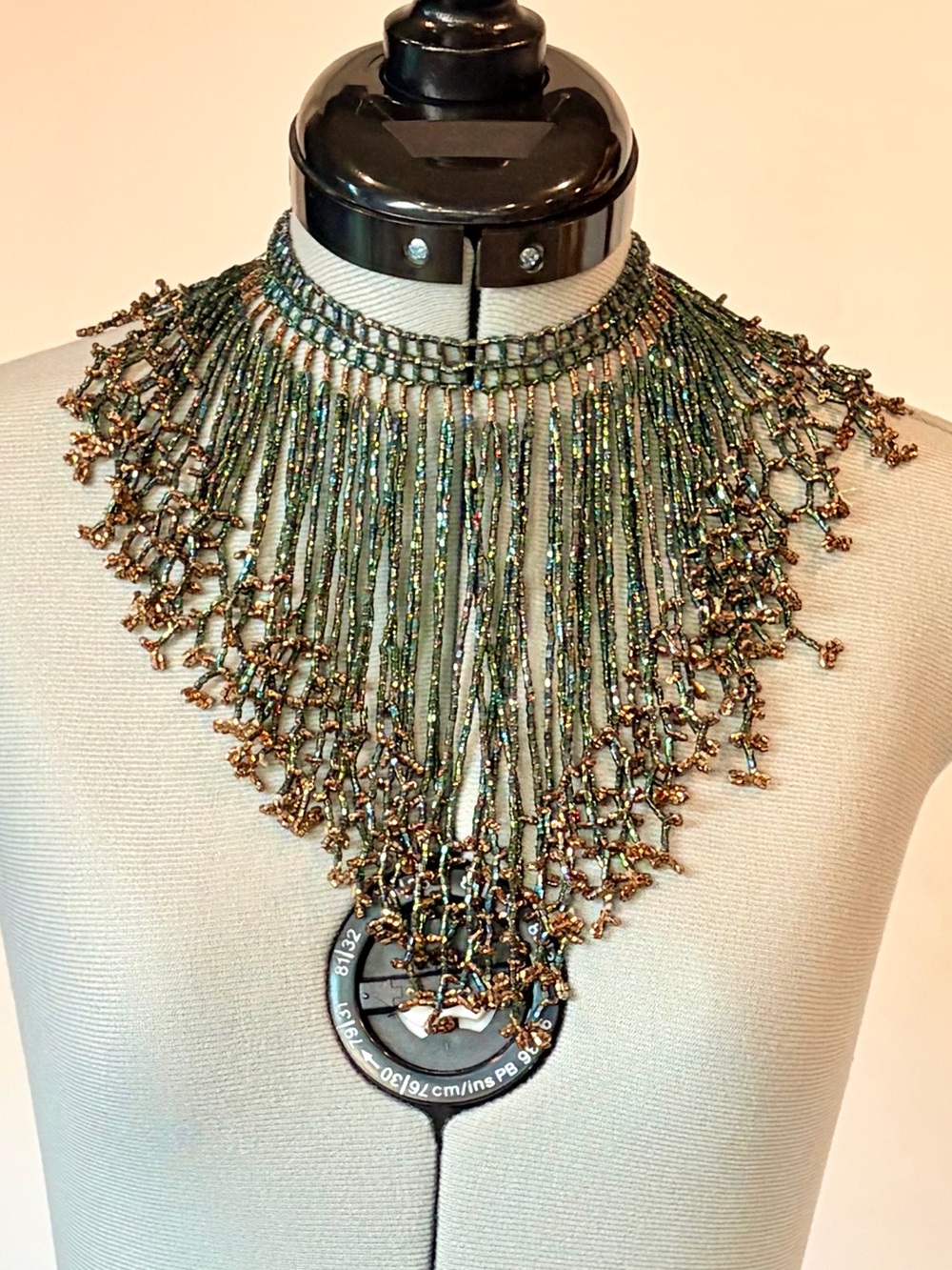 Handcrafted Iridescent Beaded Fringe Collar Necklace, green/gold, EUC - Picture 2 of 12